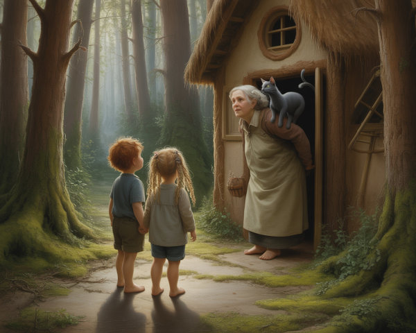 Children at a Cottage in a Serene Forest Glade