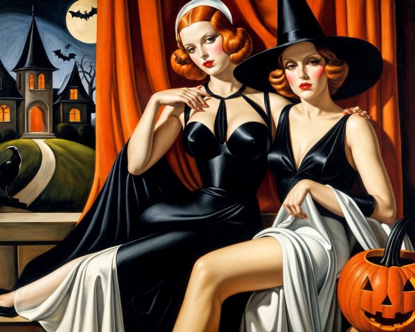 Glamorous Women in Vintage Dresses with Halloween Theme