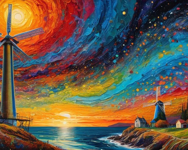 Vibrant Landscape with Wind Turbines and Coastline