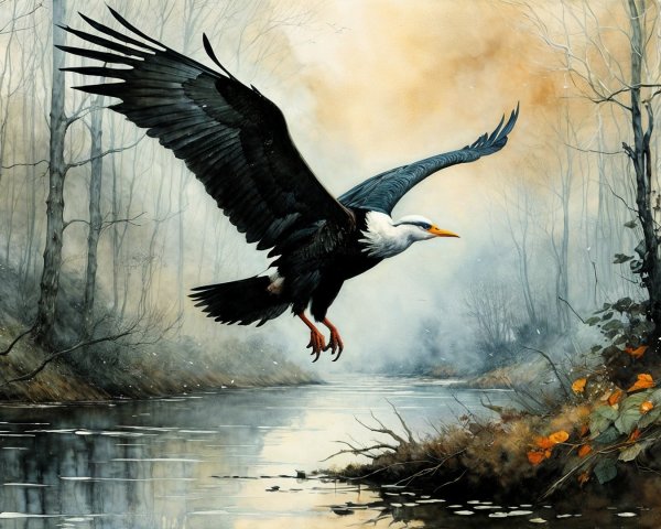 Eagle Soaring Over Tranquil River in Autumn Light