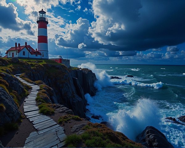 Lighthouse on Cliffs with Dramatic Sky and Waves