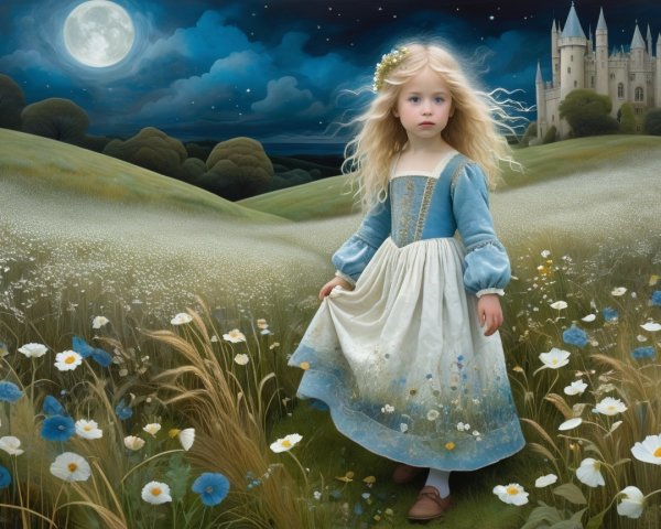 Young girl in floral dress walks through daisy field