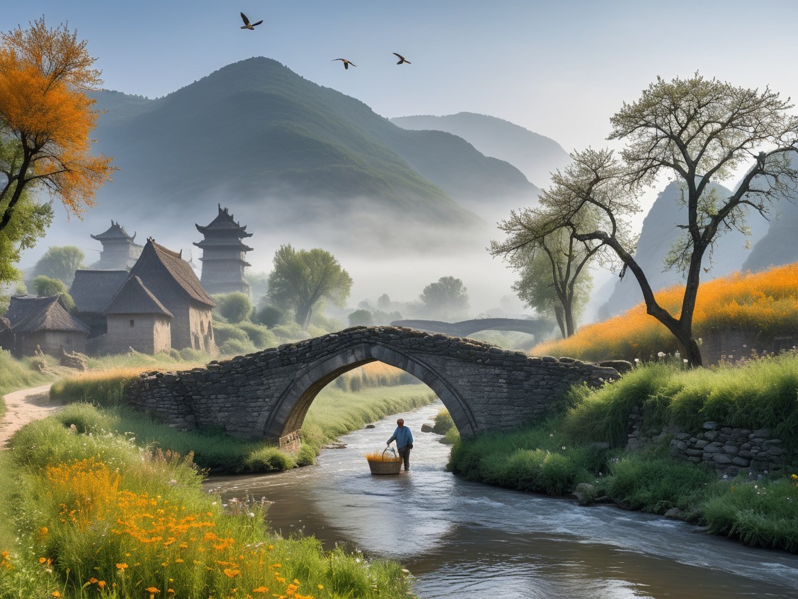 Misty Morning Landscape with River and Stone Bridge