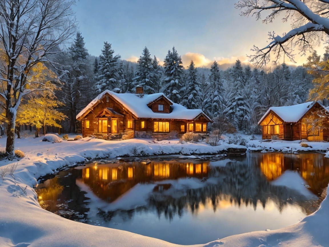Cozy Wooden Cabin in a Tranquil Winter Landscape