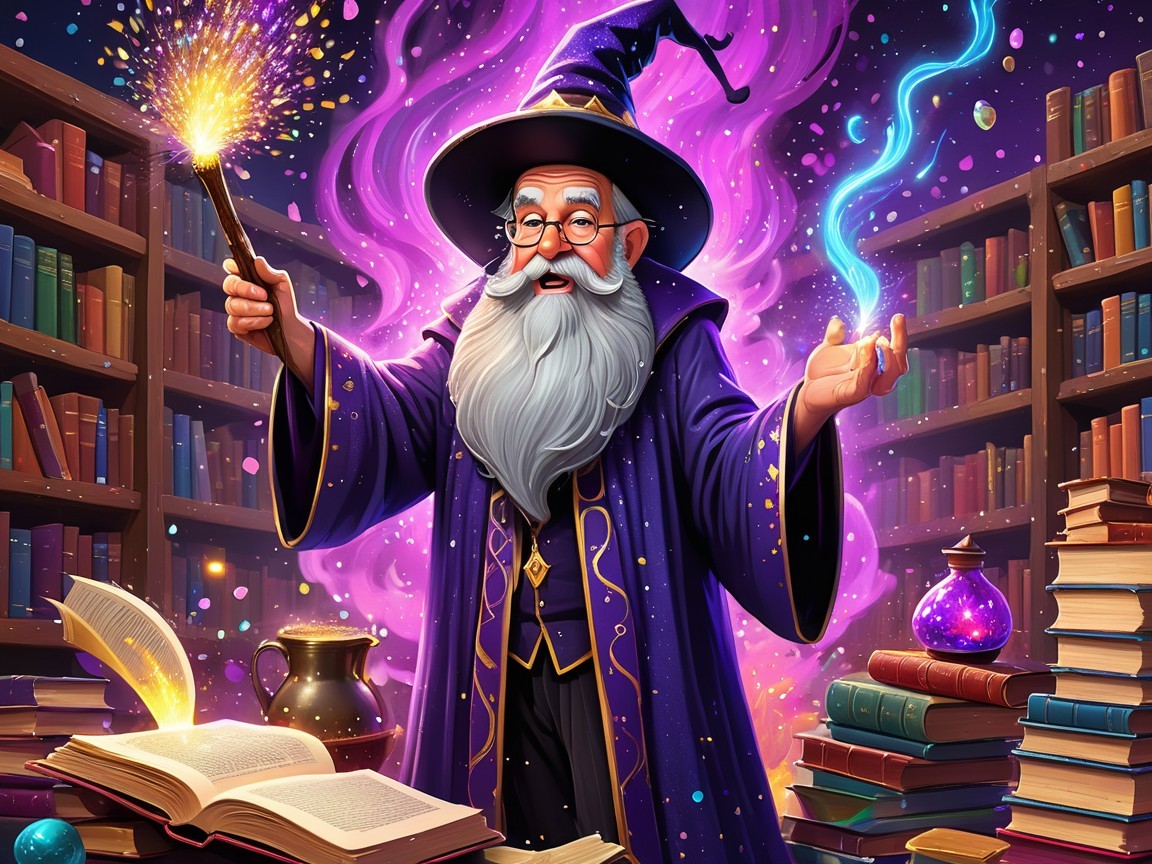 Wizard Surrounded by Colorful Books and Magic Orbs