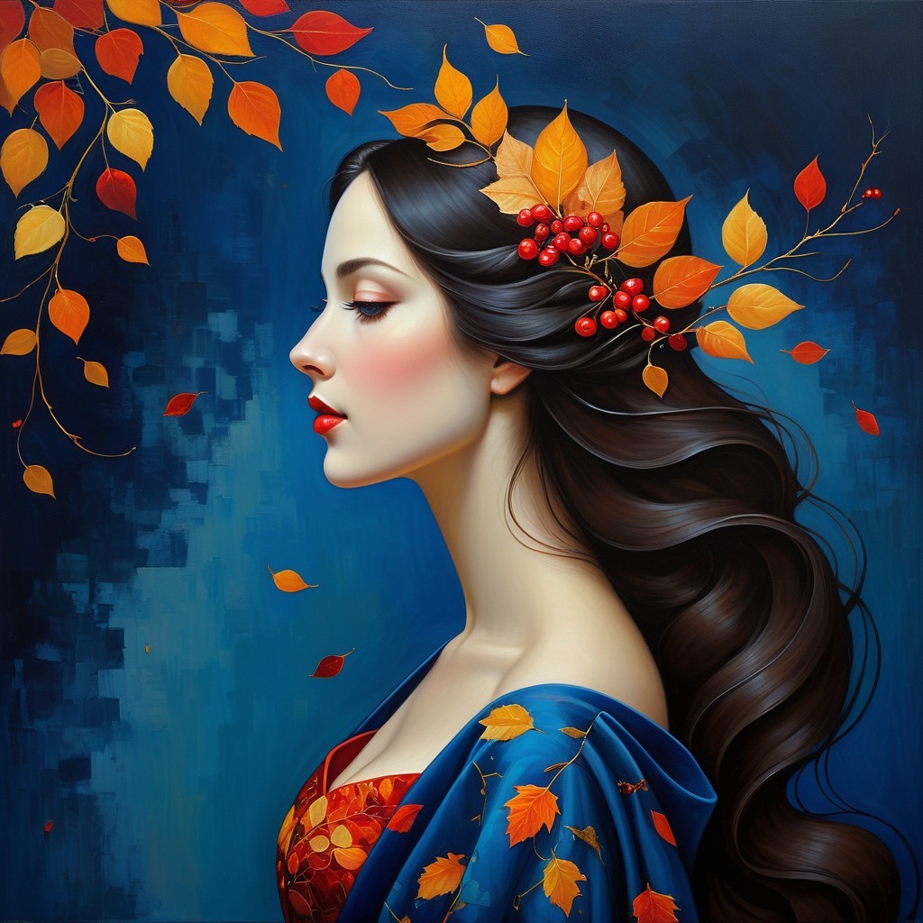 Profile of a Woman with Autumn Leaves and Berries