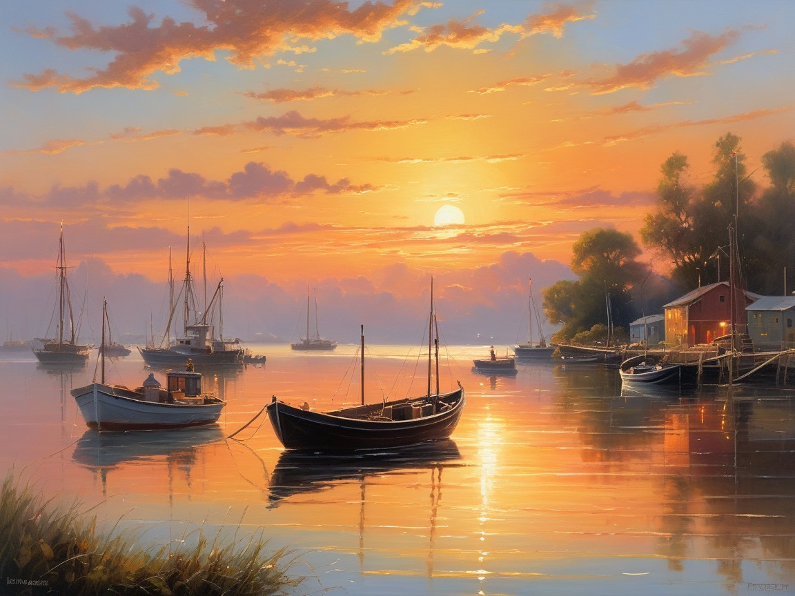 Serene Sunset Over Tranquil Harbor with Colorful Boats