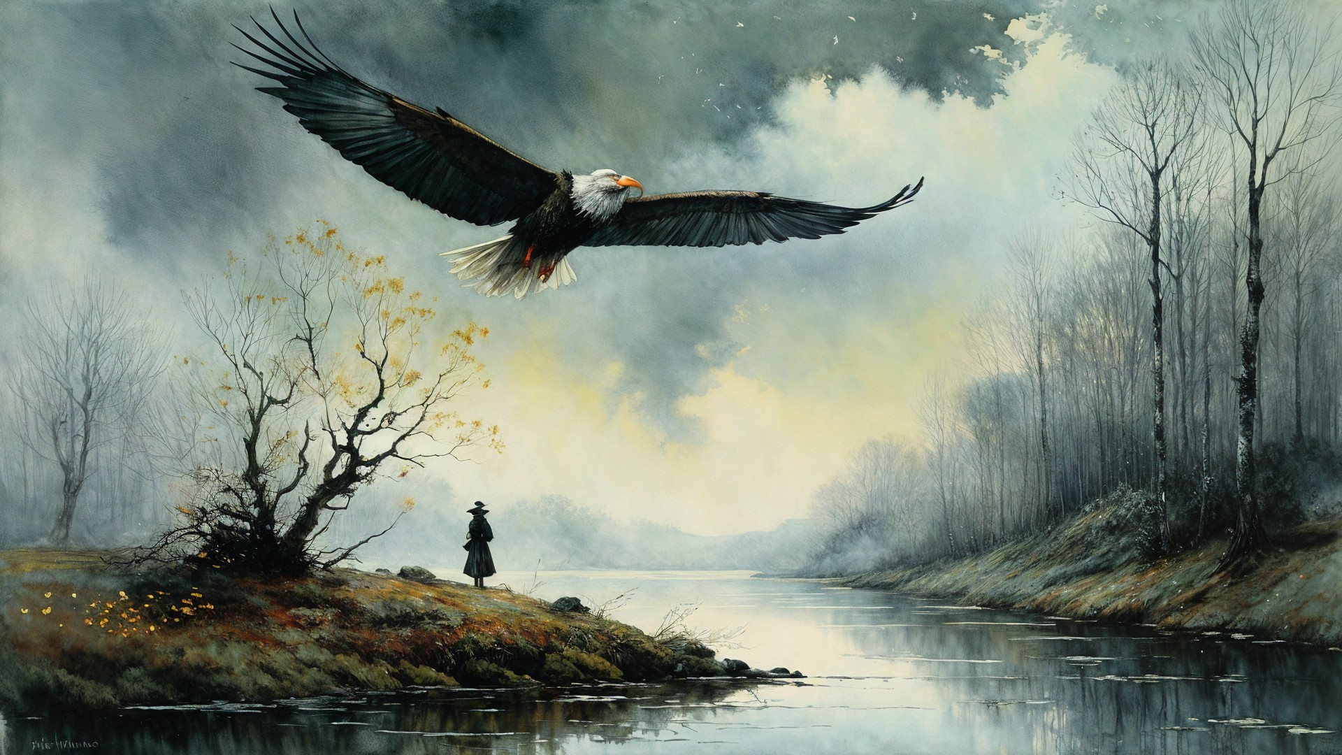 Eagle Soaring Over Tranquil River Landscape
