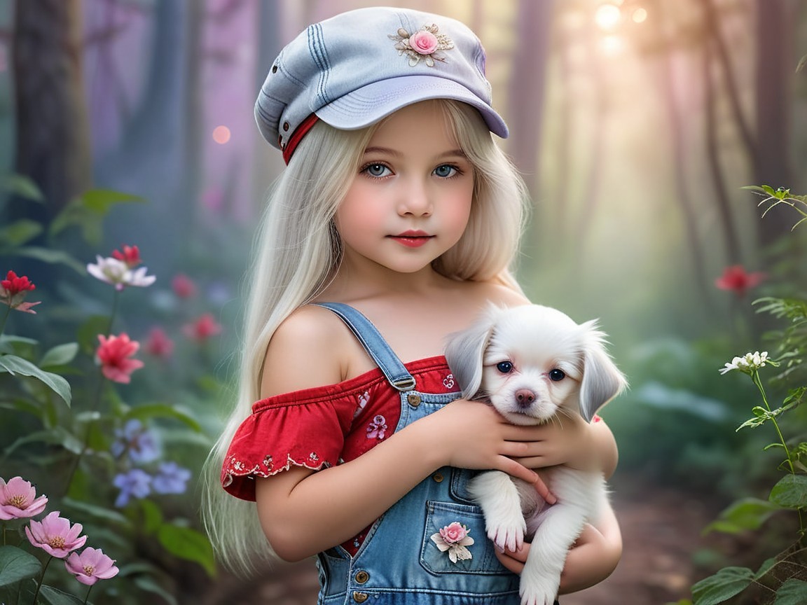 Young girl with puppy in a flower-filled forest