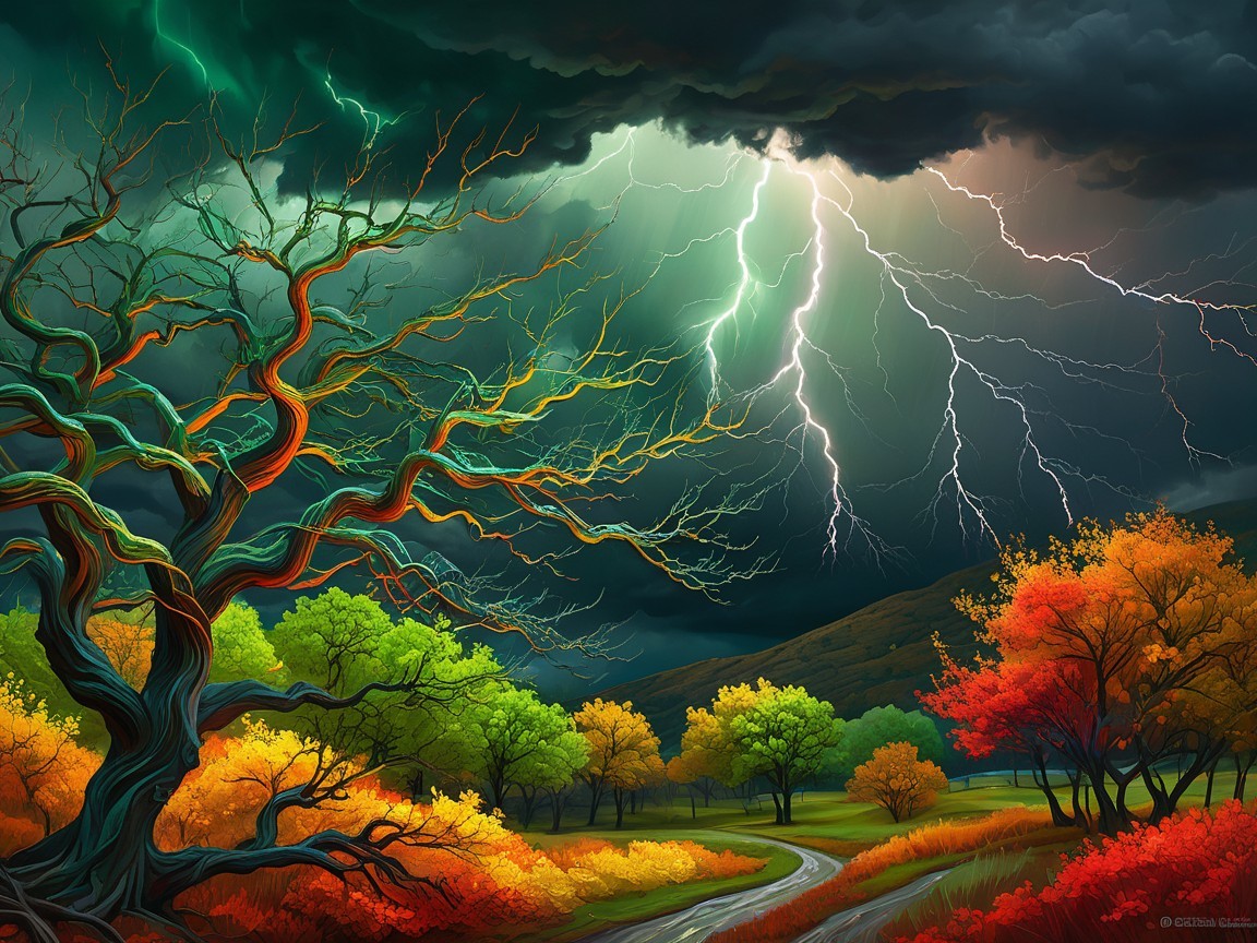Twisted Tree and Vibrant Autumn Landscape Under Storm