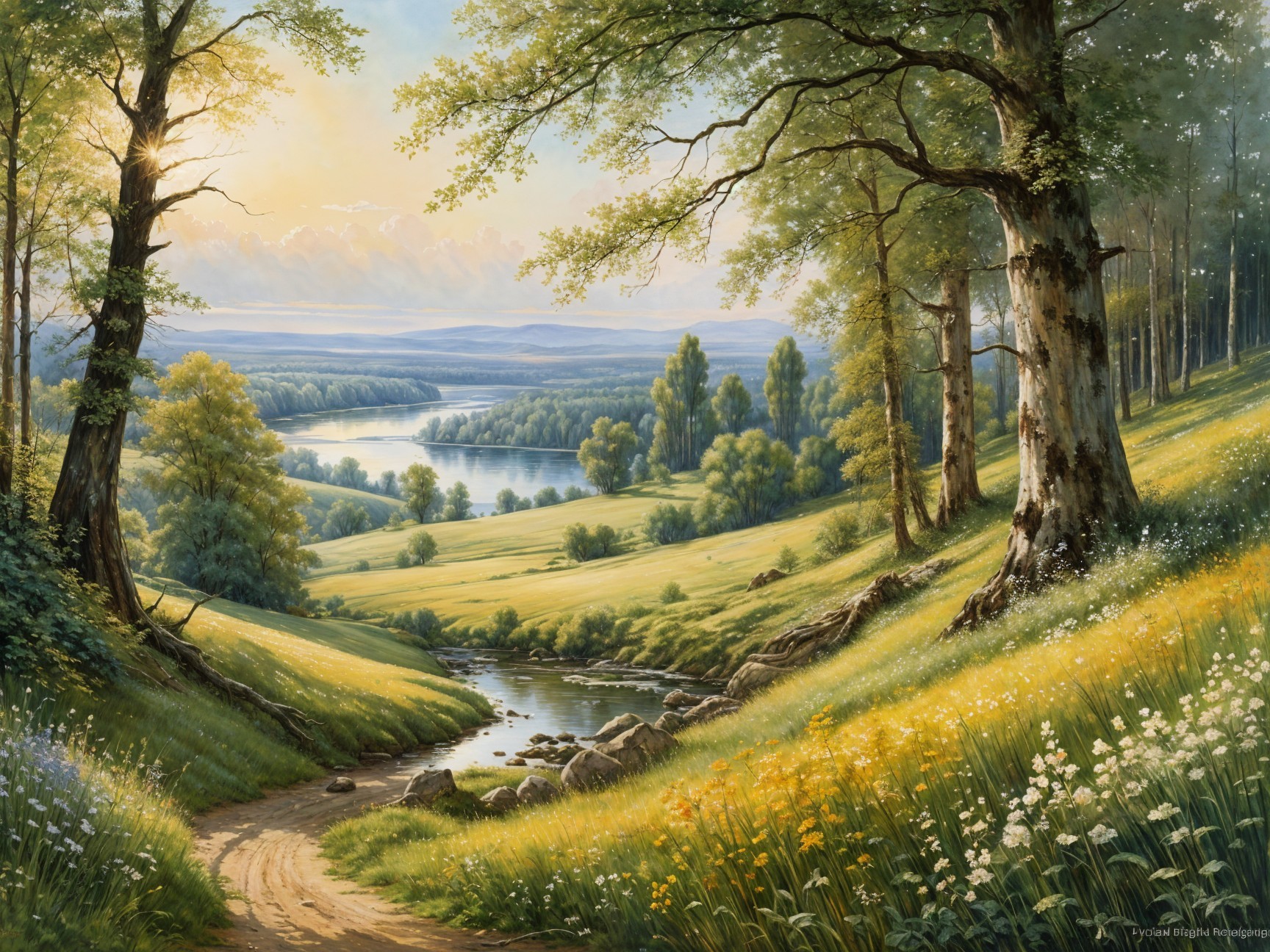 Tranquil River and Lush Green Fields