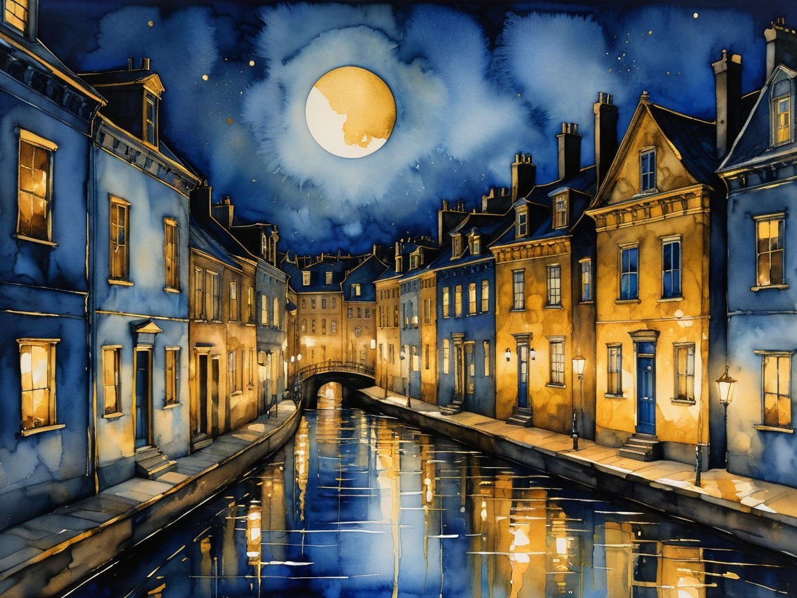 Serene Nighttime Canal Scene with Illuminated Buildings