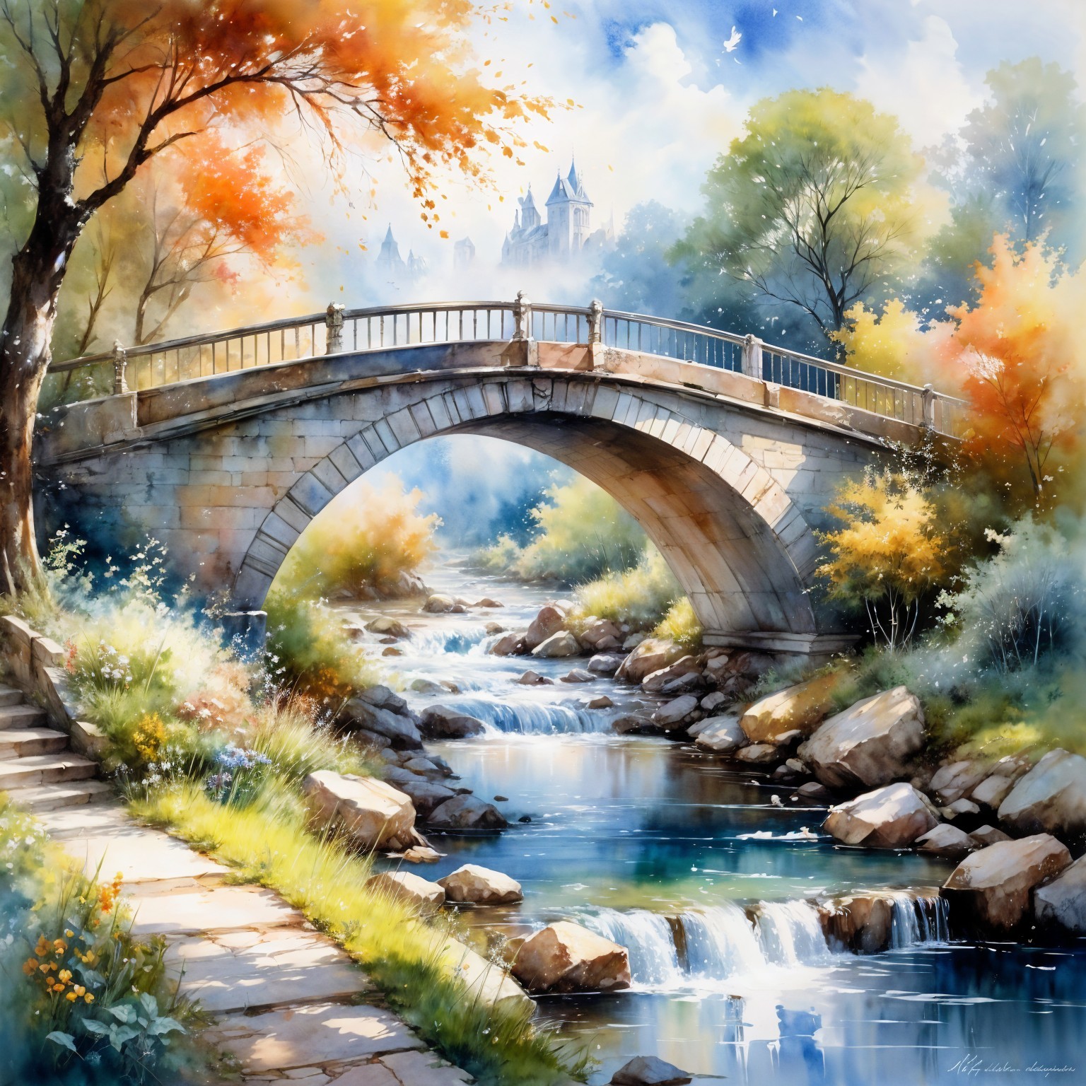 Serene Landscape with Stone Bridge and Autumn Foliage