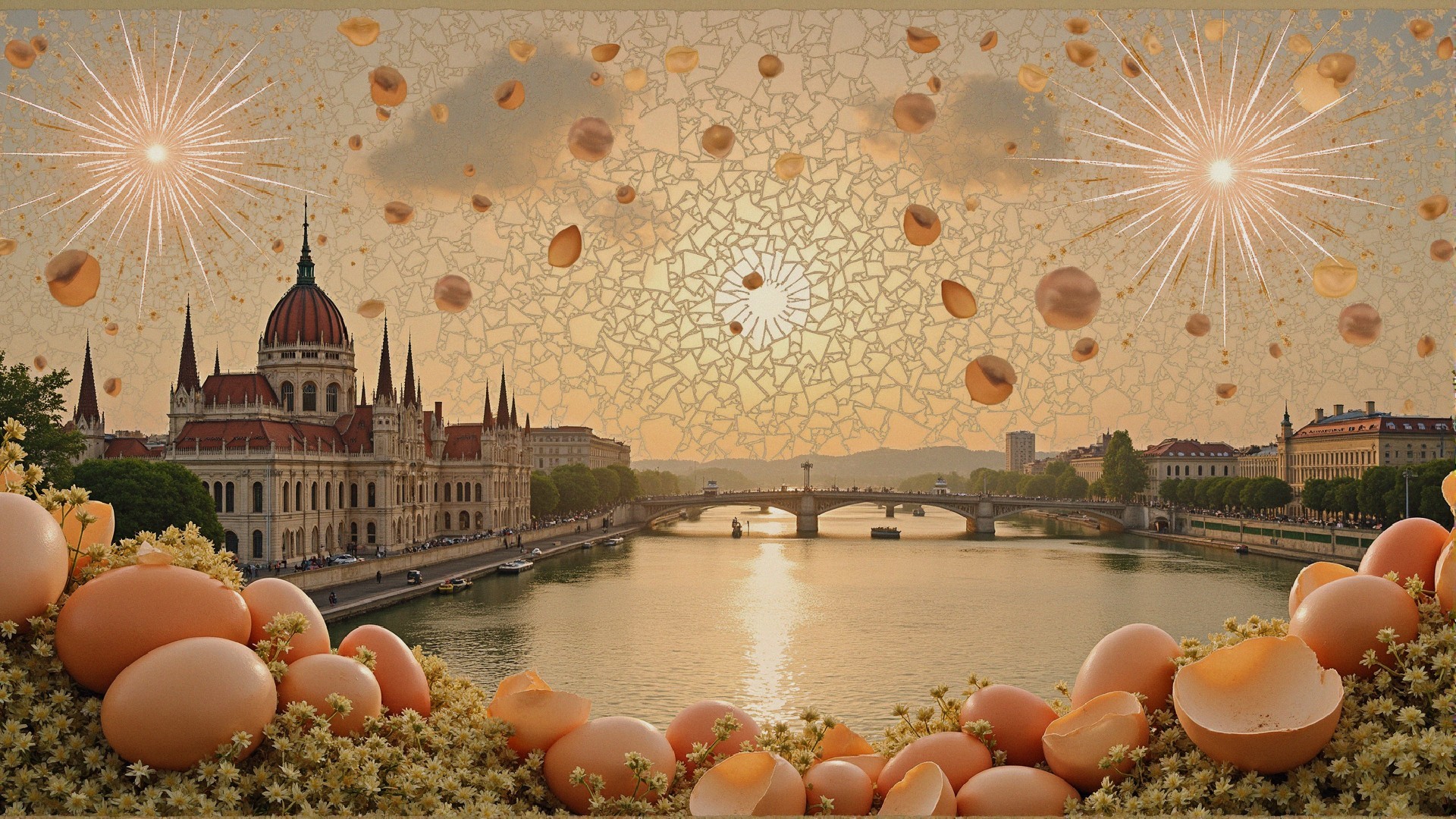 Sunset Over Cityscape with Iconic Building and Blossoms