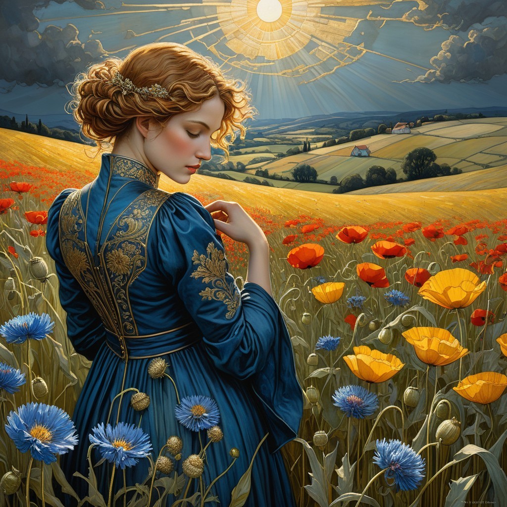 Young Woman in Ornate Gown in Flower Field