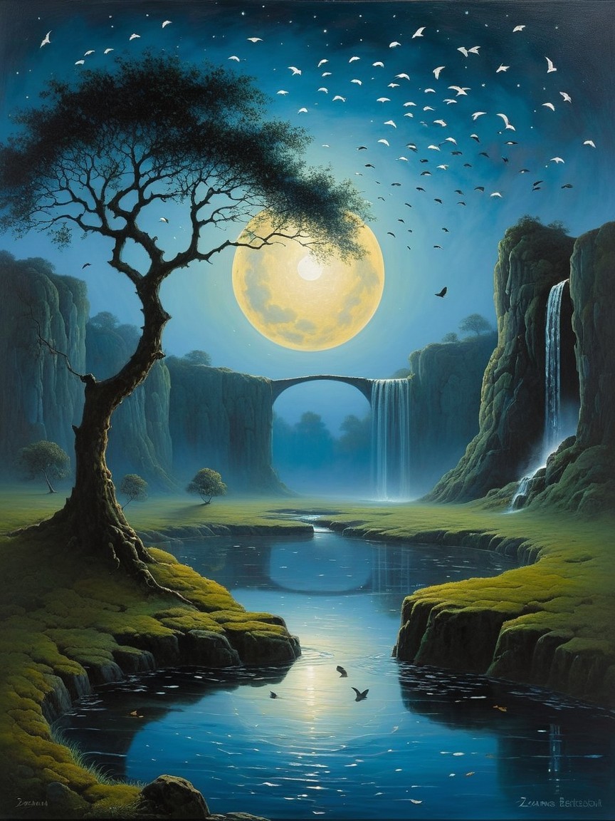 Serene Night Landscape with Full Moon and Waterfalls