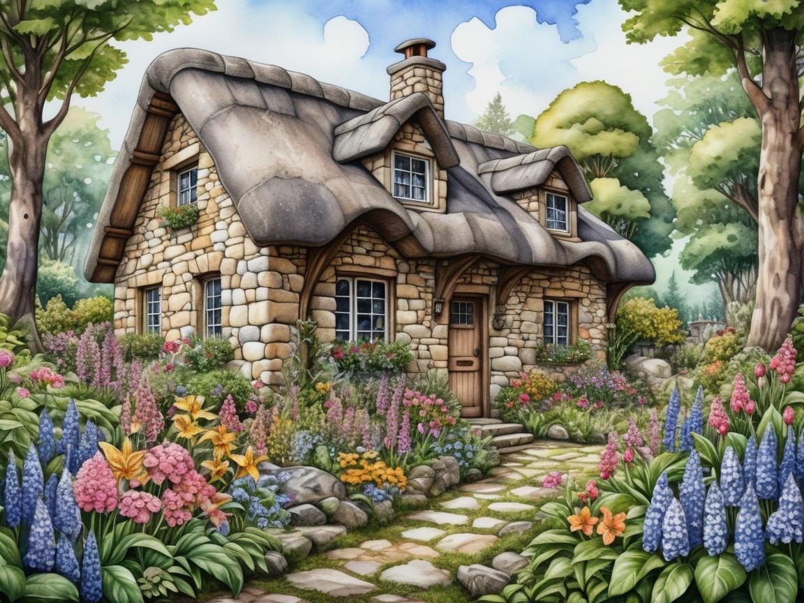Thatched-Roof Cottage Surrounded by Colorful Gardens