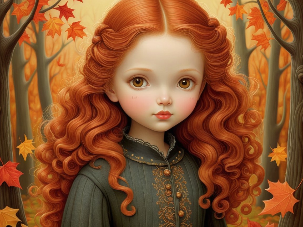 Young Girl with Red Curls in Autumn Landscape
