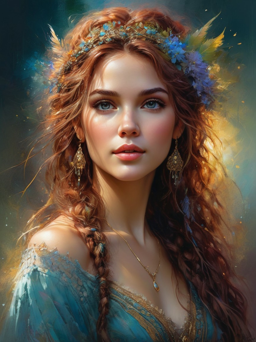 Young woman in blue gown with flowers and glow