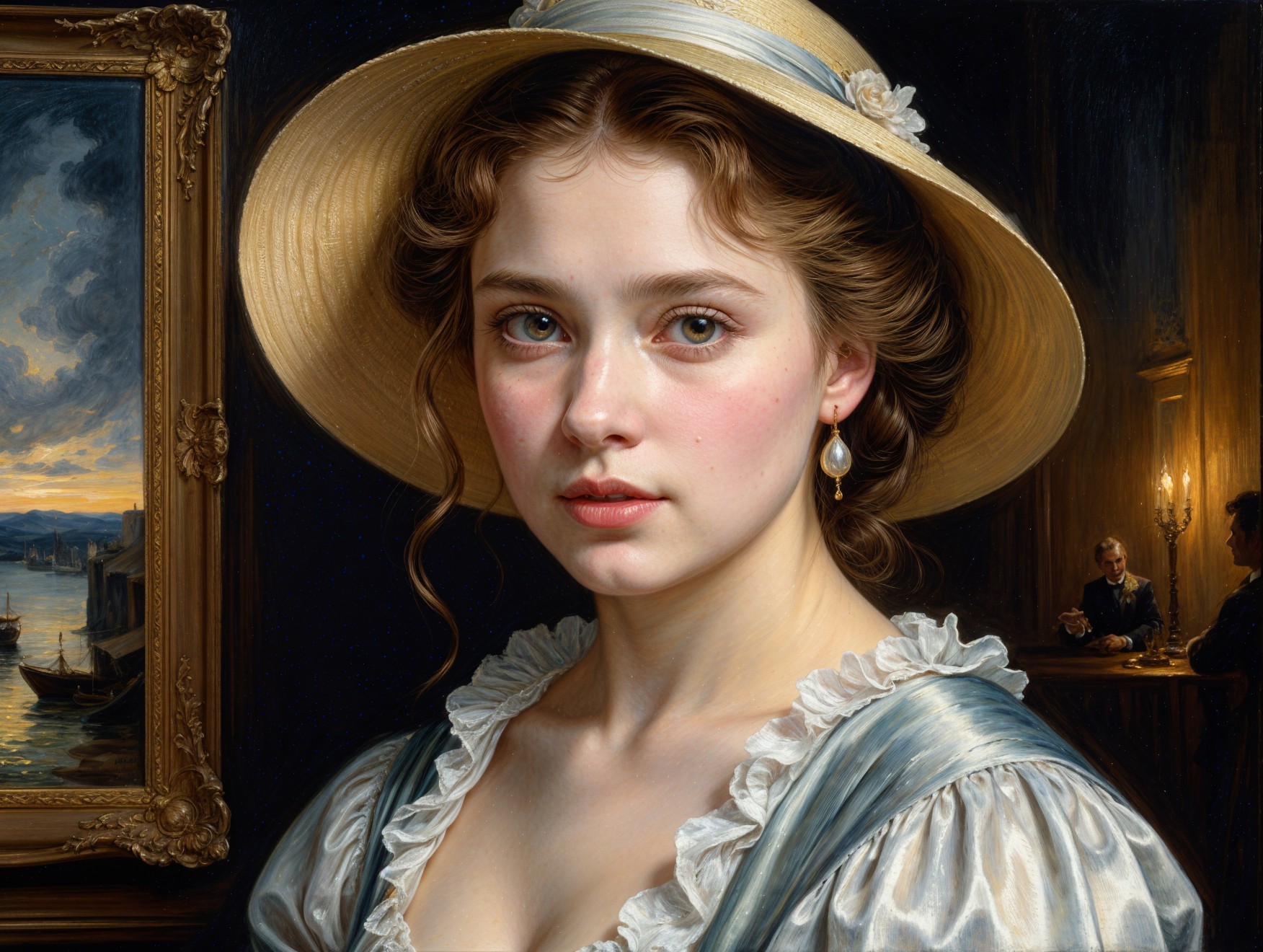 Young Woman in Stylish Hat and Ruffled Dress