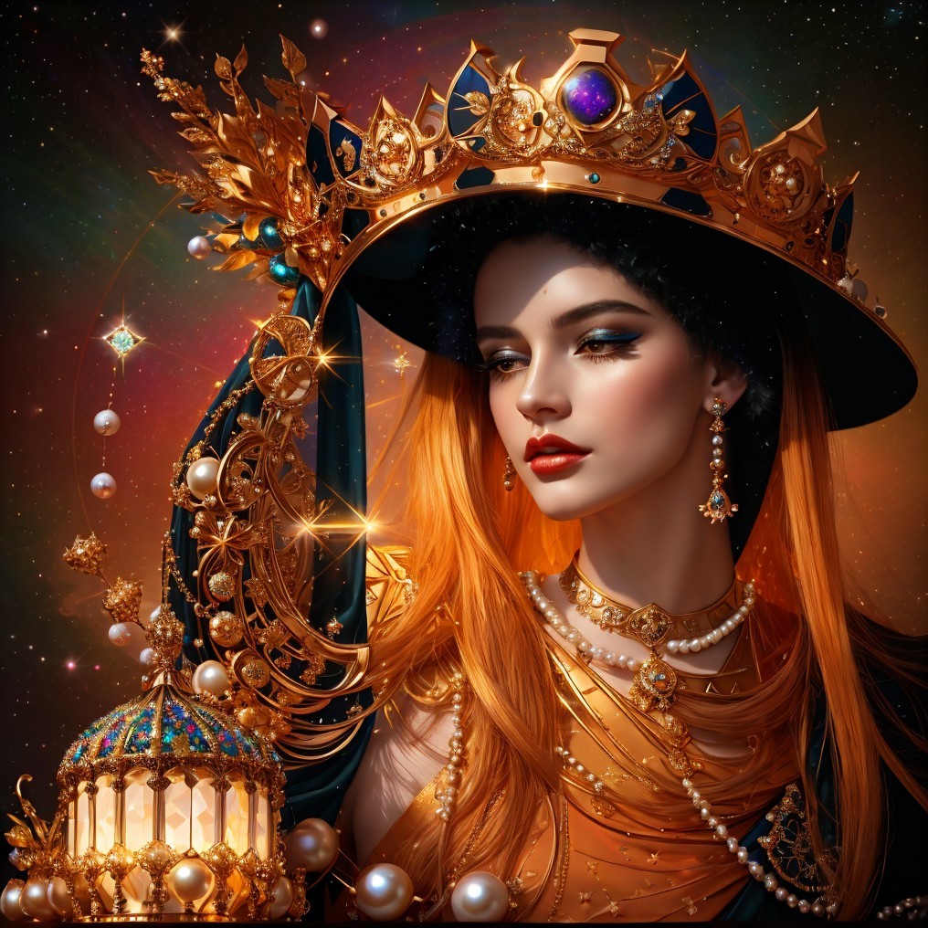Regal Figure in Golden Attire Against Cosmic Background