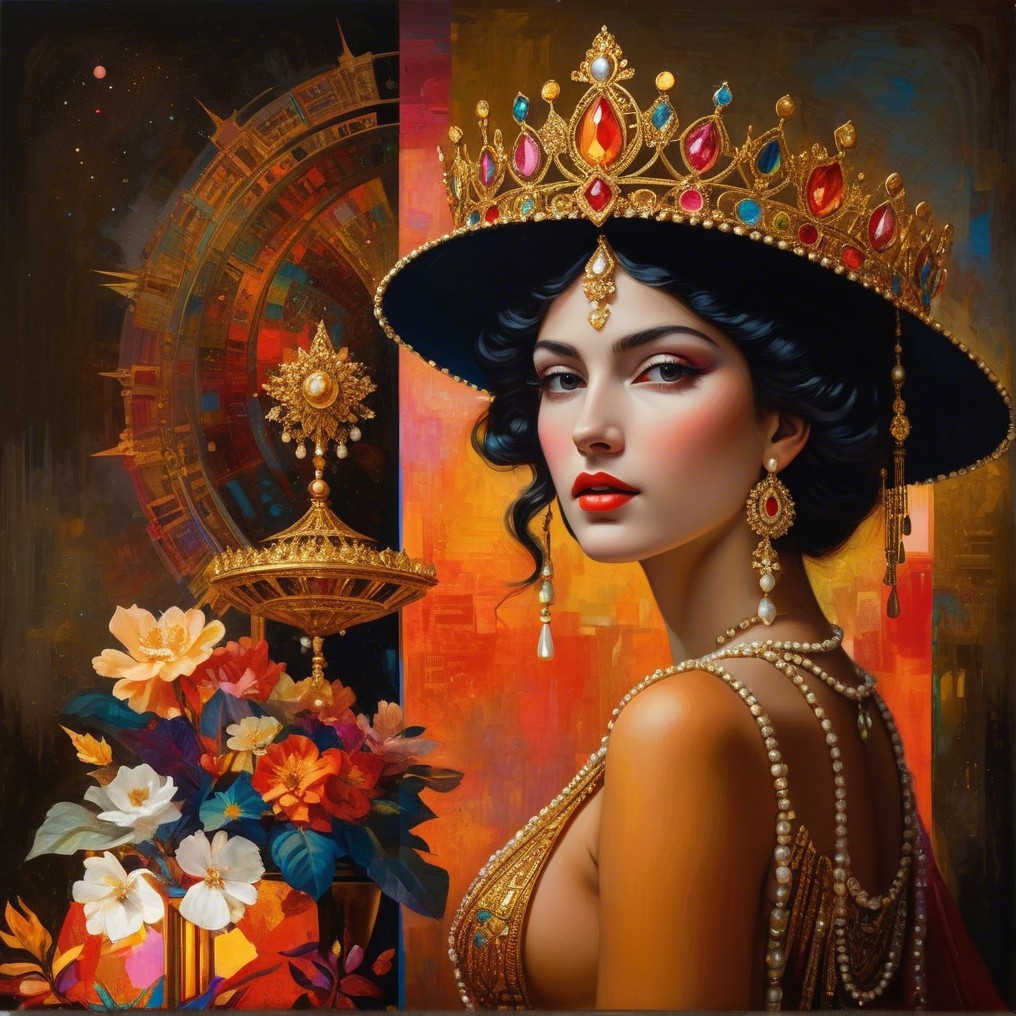 Regal Woman with Crown and Vibrant Floral Background