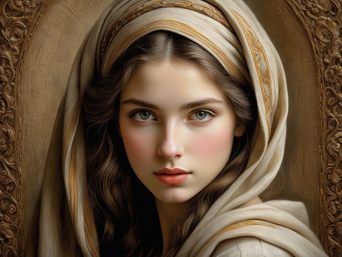 Portrait of a woman with green eyes and headscarf