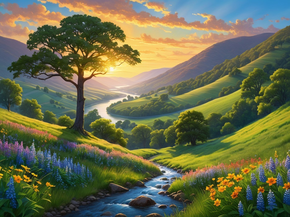 Tranquil Landscape with Winding River and Sunset Sky