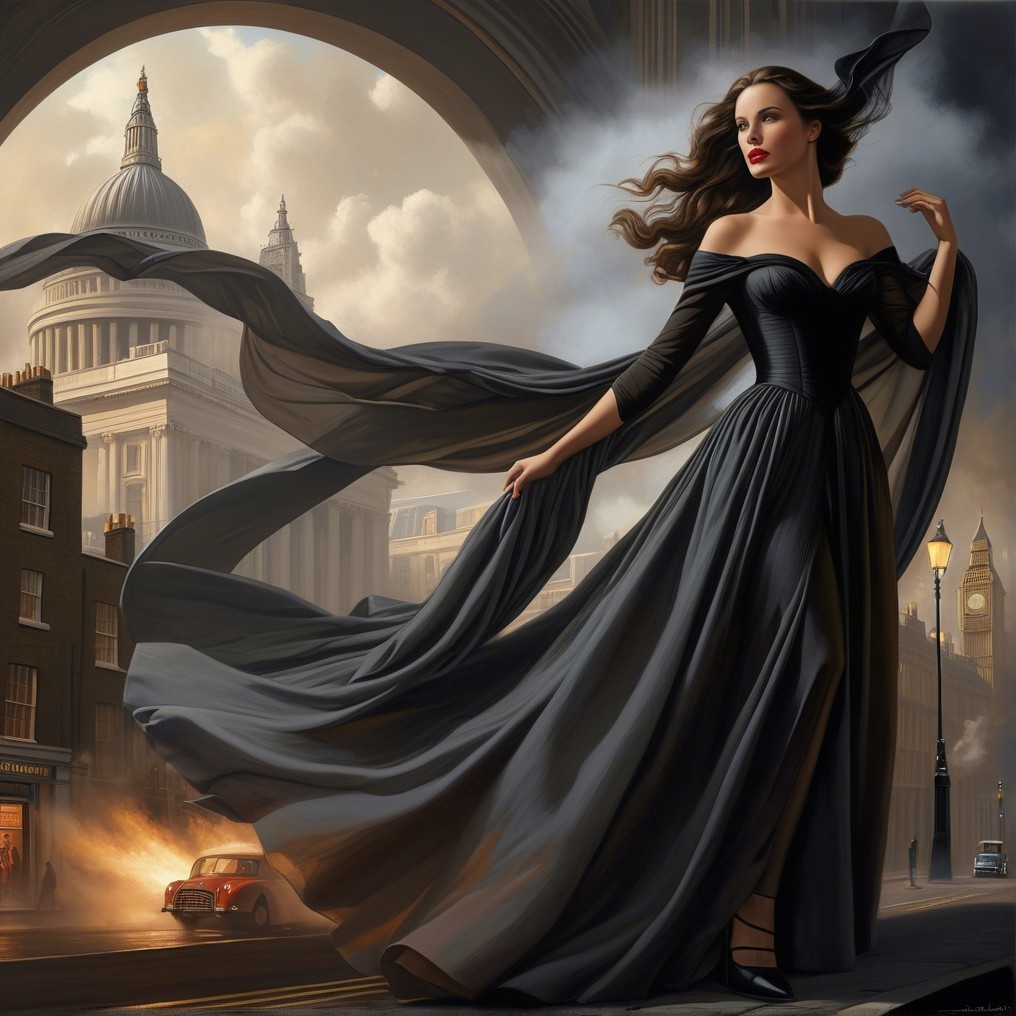 Elegant Figure in Black Gown Against Urban Backdrop