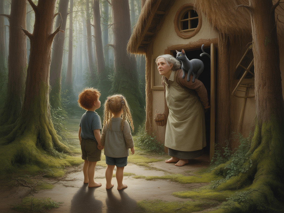 Children at a Cottage in a Serene Forest Glade