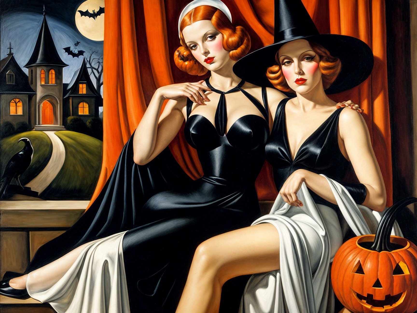 Glamorous Women in Vintage Dresses with Halloween Theme