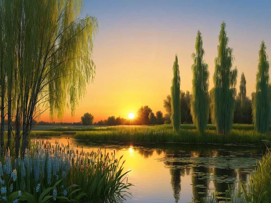 Serene Sunrise Landscape with Reflective Water and Trees