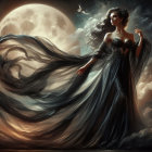 Elegant woman in black gown in bustling city scene