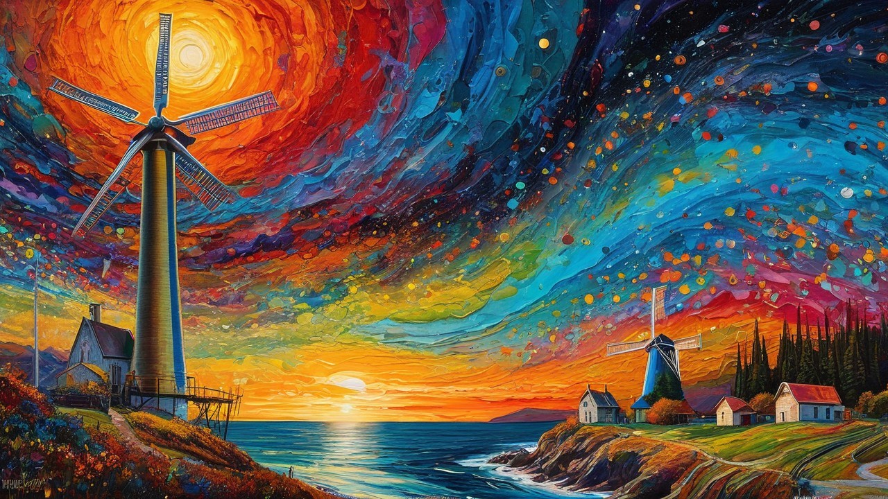 Vibrant Landscape with Wind Turbines and Coastline