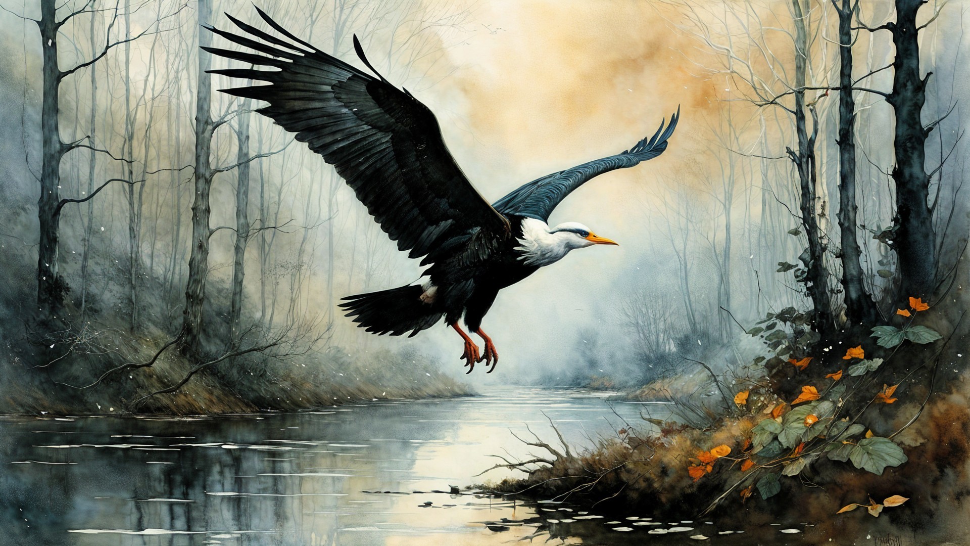 Eagle Soaring Over Tranquil River in Autumn Light