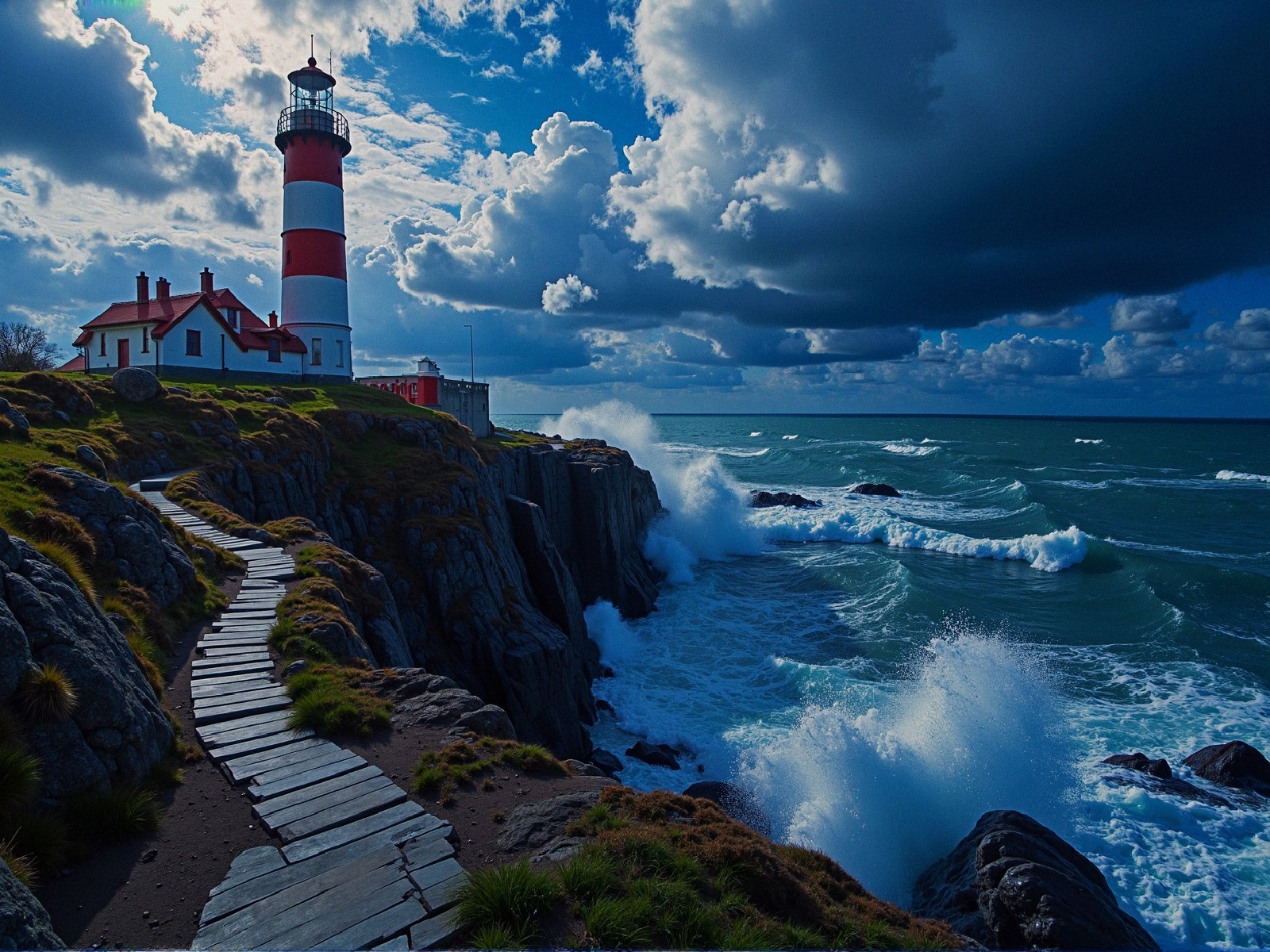 Lighthouse on Cliffs with Dramatic Sky and Waves