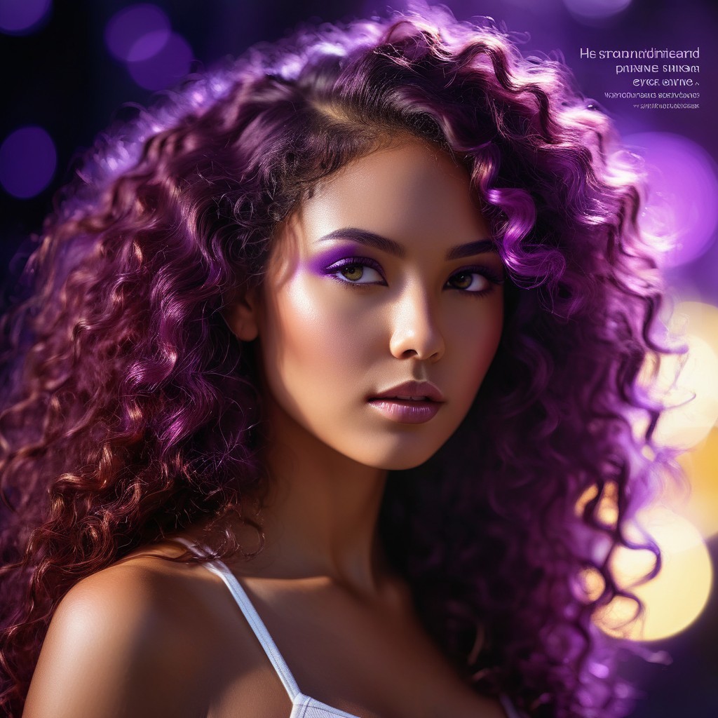 Young woman with purple curly hair and vibrant makeup
