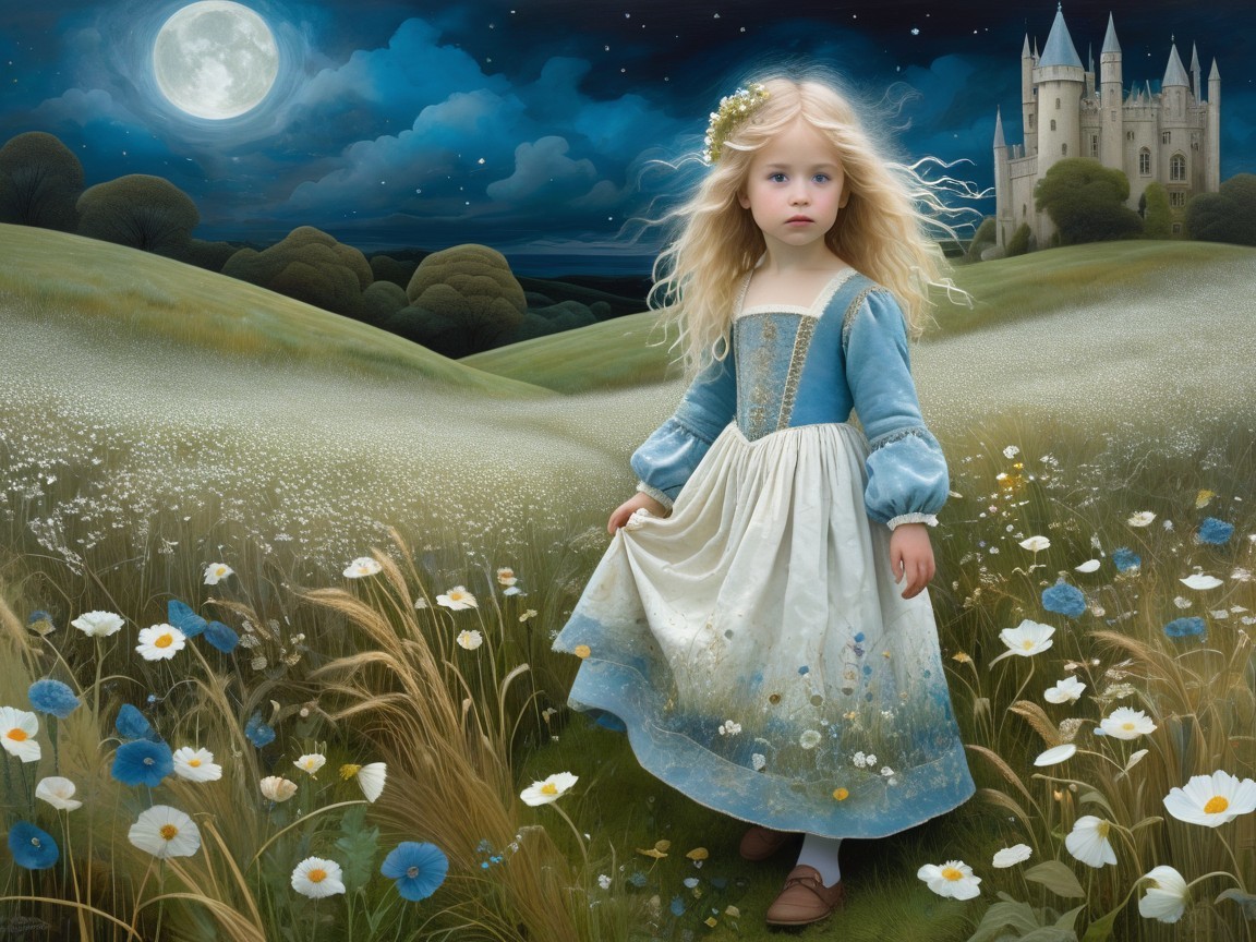 Young girl in floral dress walks through daisy field