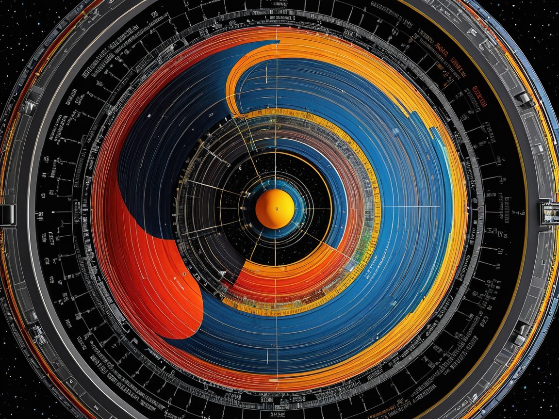 Colorful Cosmic Map with Swirling Patterns and Orbits