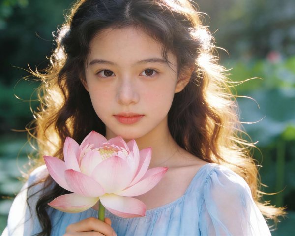 Portrait of a Young Girl with Lotus Flower and Greenery