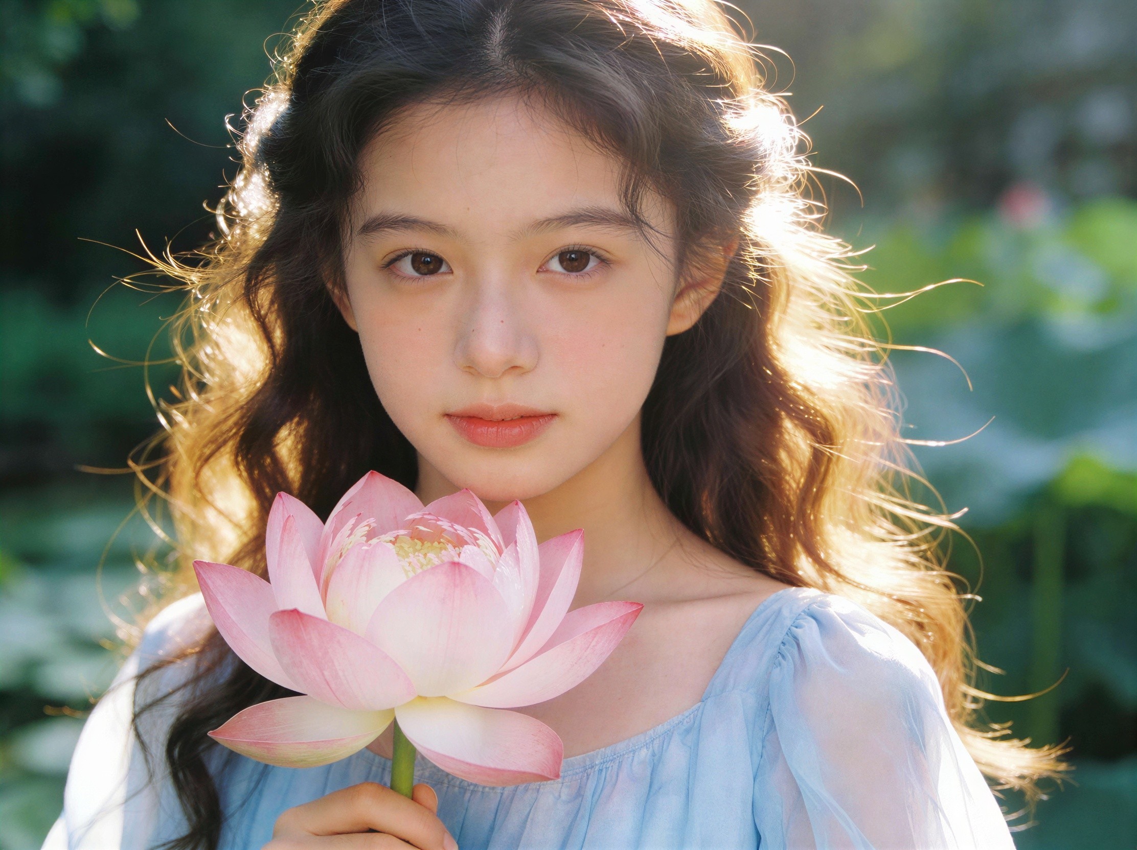 Portrait of a Young Girl with Lotus Flower and Greenery