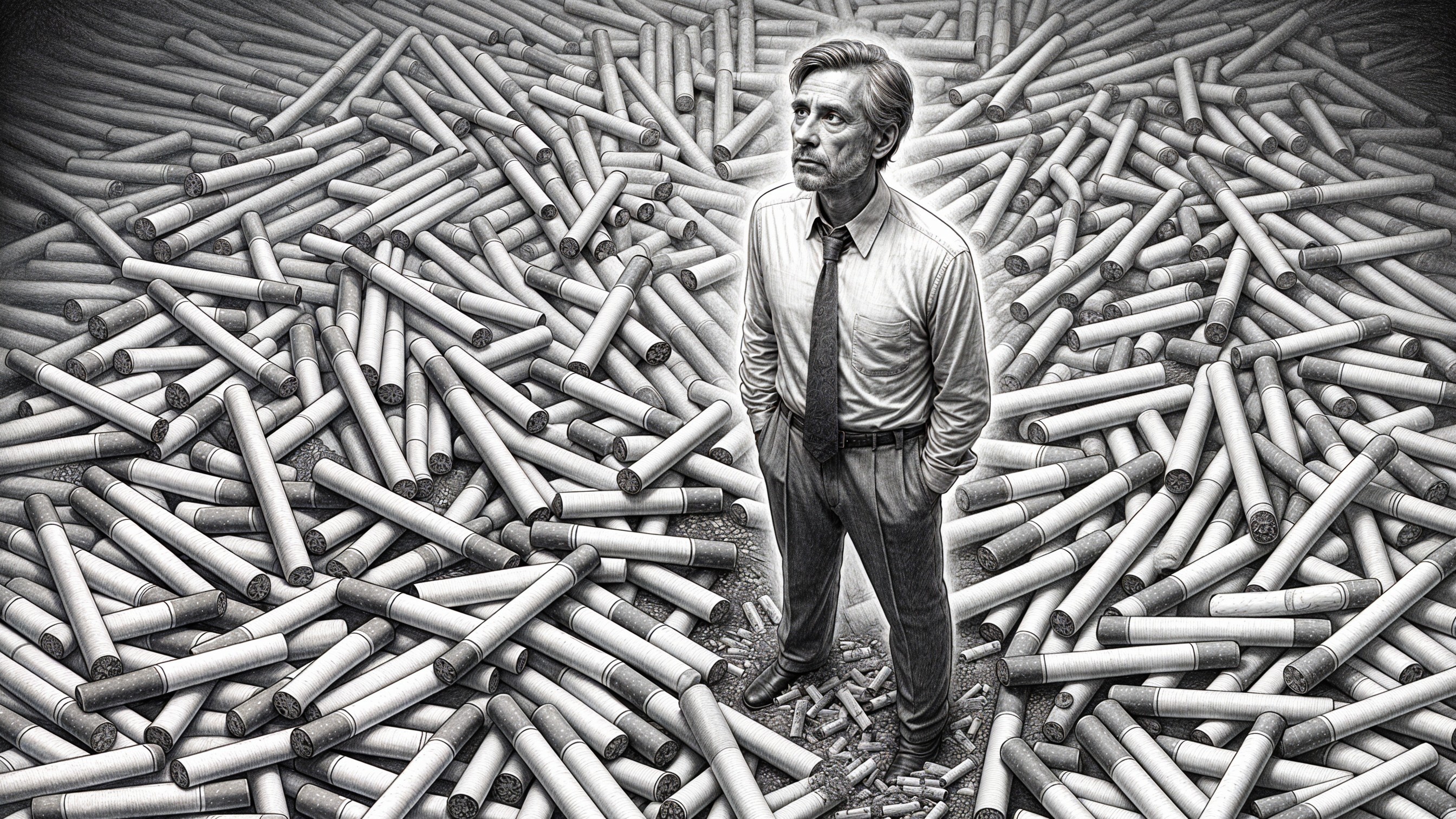 Solitary Figure Amidst Discarded Cigarette Butts