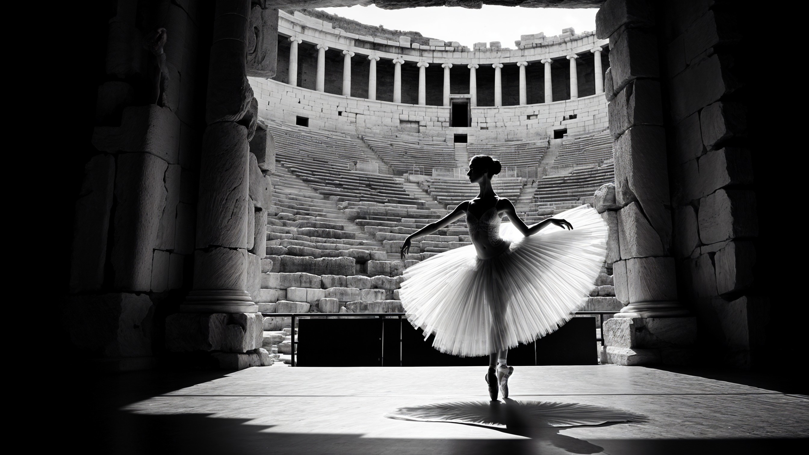 Ballerina Posing in Ancient Stone Amphitheater