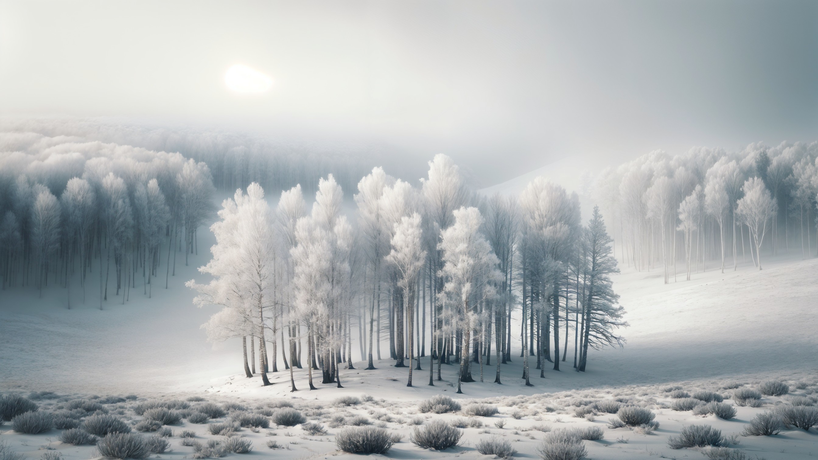 Serene Winter Landscape with Frosted Trees and Snow