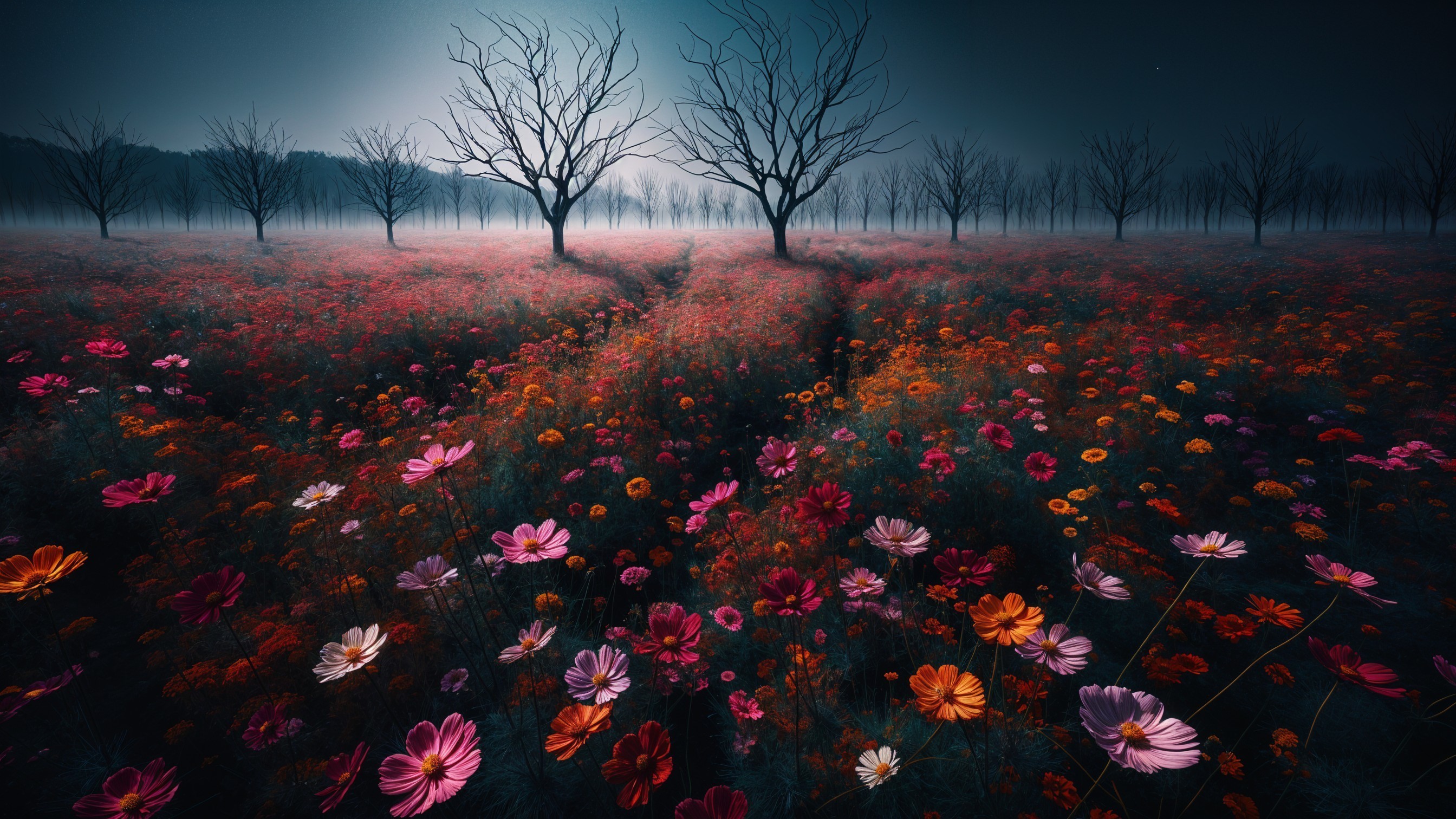 Surreal Landscape with Colorful Flowers and Twilight Sky