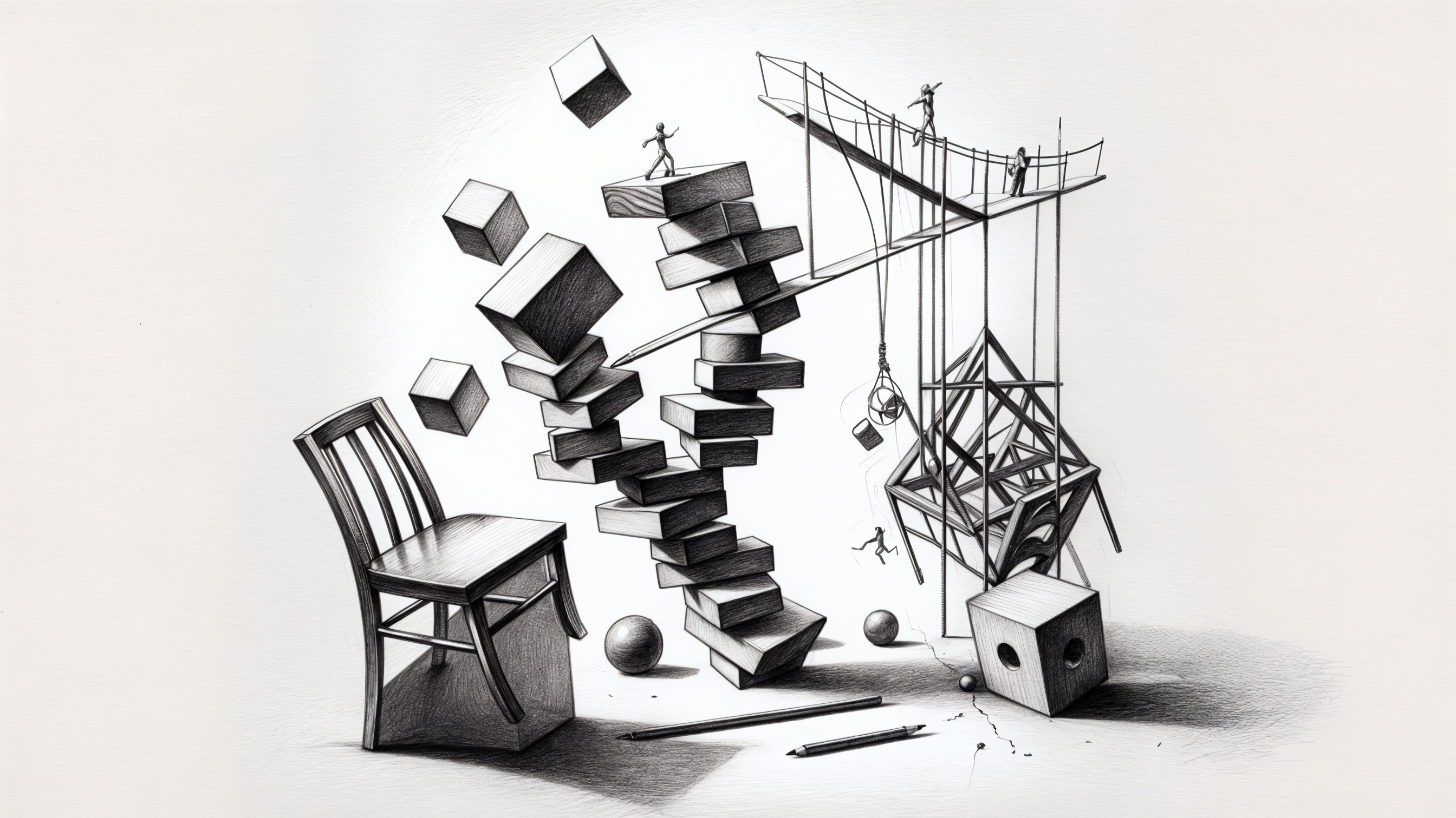 Surreal Scene with Wooden Chair and Floating Shapes