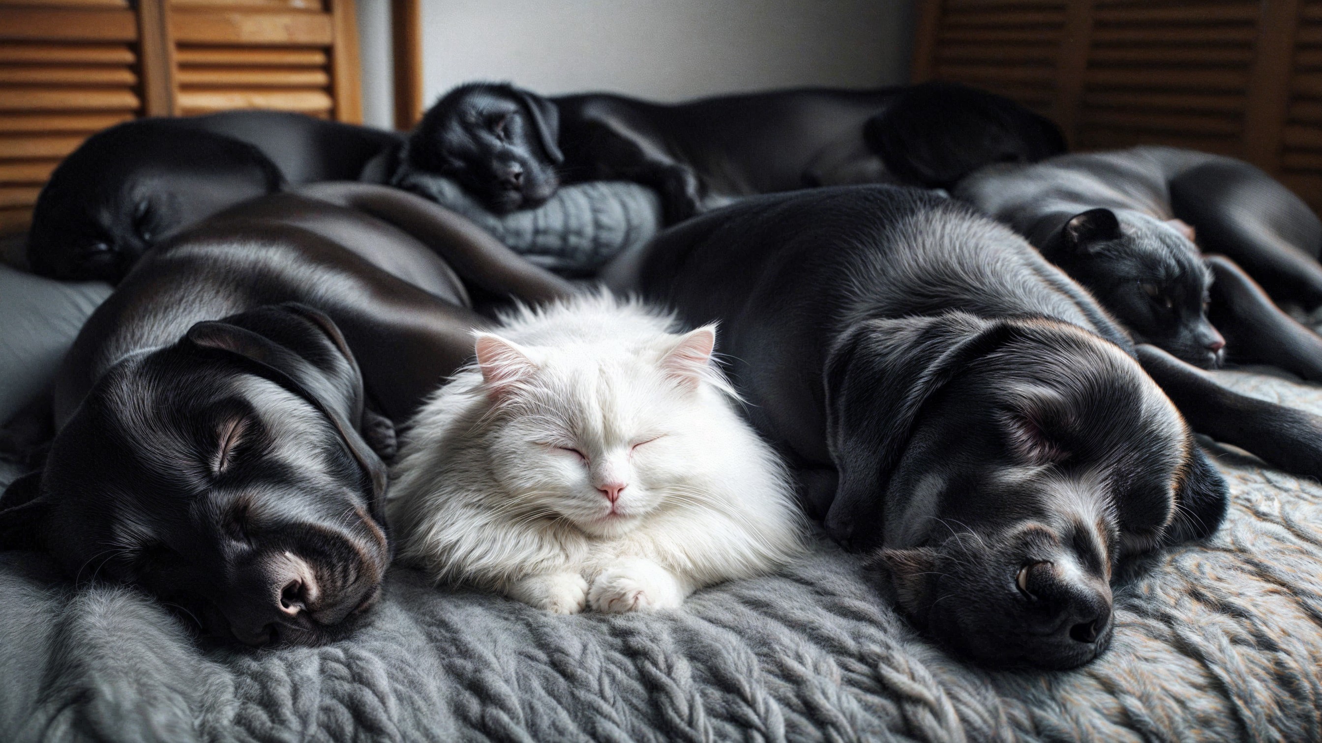 Black Labradors and a white cat sleeping together