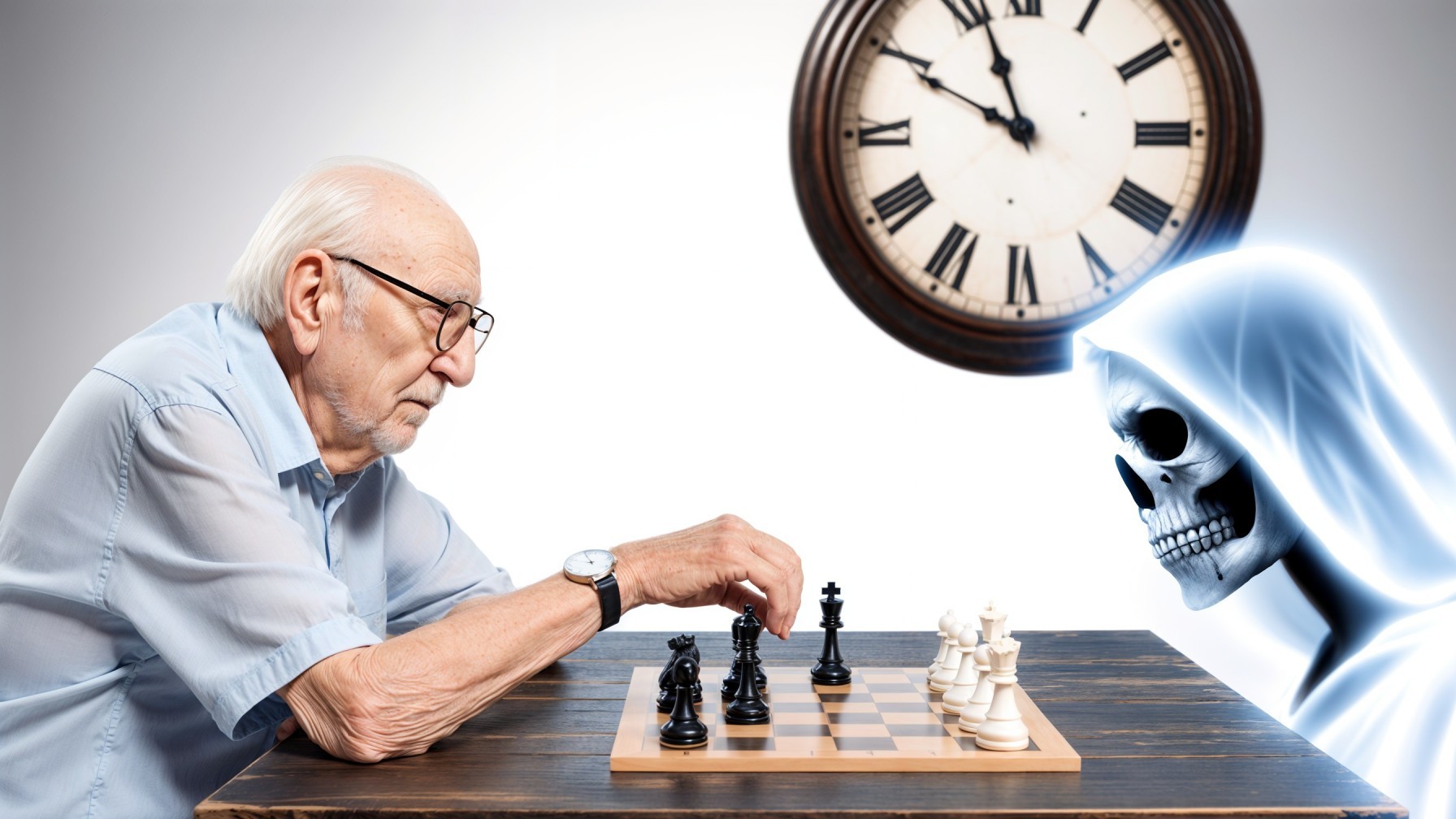 Elderly Man Playing Chess in Dimly Lit Room
