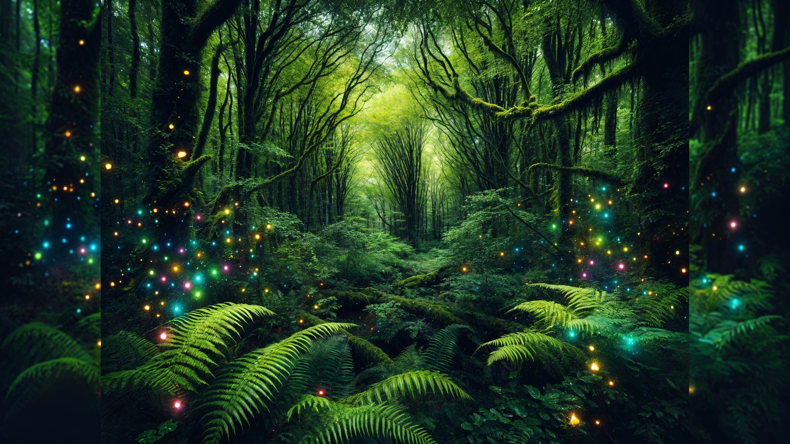 Lush Forest with Sunlit Canopy and Colorful Lights