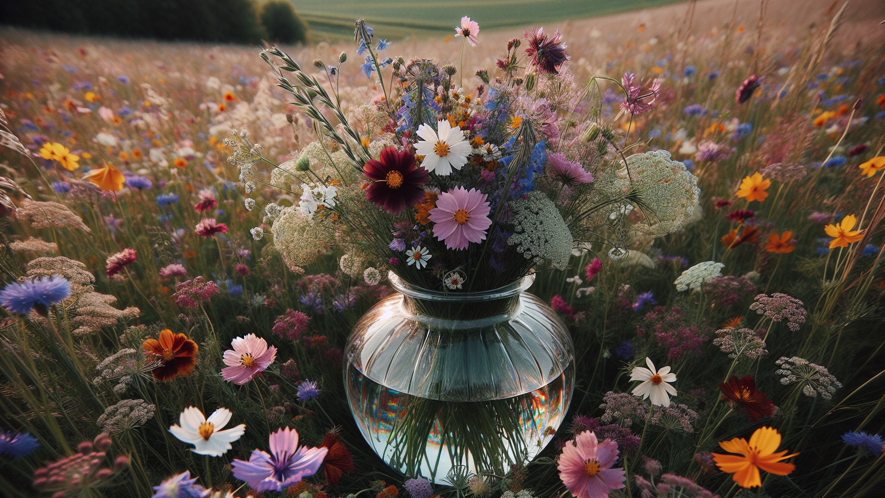 Glass Vase with Wildflowers in Colorful Field